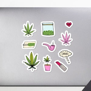 Cannabis Doodles Girly Weed Vinyl Sticker 10 Pack - folha de adesivos cannabis 420, lindo pacote de decalques de maconha, garota stoner