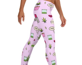 Cute Weed Leggings - Cannabis Doodles - pink girly marijuana yoga pant, stoner girl gift for her, ganja loungewear, cartoon running tight
