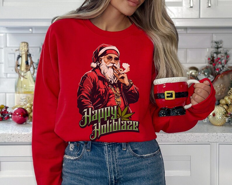 Stoner Sudadera navideña Happy Holiblaze Gansta Santa con Blunt Cannabis Holiday Sweater Funny Weed Sudadera con capucha 420 Stoner Regalo Hip Hop Bling Red