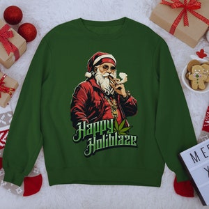 Stoner Sudadera navideña Happy Holiblaze Gansta Santa con Blunt Cannabis Holiday Sweater Funny Weed Sudadera con capucha 420 Stoner Regalo Hip Hop Bling Forest Green