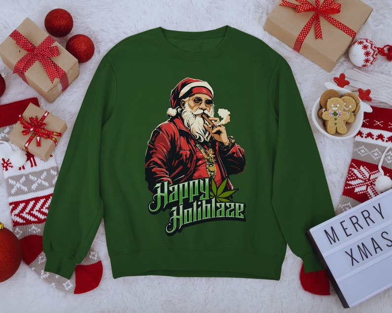 Stoner Sudadera navideña Happy Holiblaze Gansta Santa con Blunt Cannabis Holiday Sweater Funny Weed Sudadera con capucha 420 Stoner Regalo Hip Hop Bling Forest Green