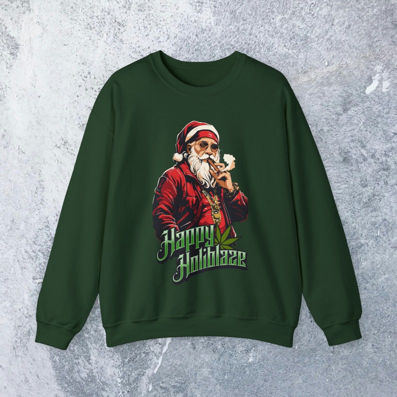 Stoner Sudadera navideña Happy Holiblaze Gansta Santa con Blunt Cannabis Holiday Sweater Funny Weed Sudadera con capucha 420 Stoner Regalo Hip Hop Bling imagen 7