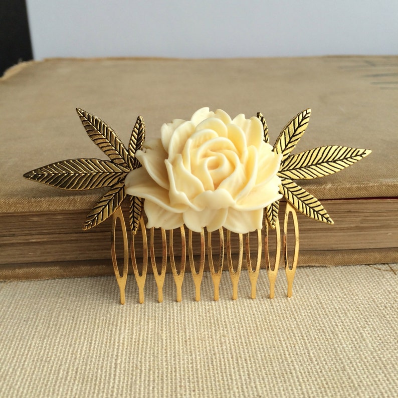 Cannabis Wedding Comb gift for her, weed hair clip, stoner marijuana hair accessory, bridal gold rose ivory cannabis cottagecore image 2