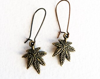 Bronze Small Simple Weed Earring - cannabis gift for women, ganja stoner girl jewelry, pot leaf stocking stuffer,  SMER-0005-BXX