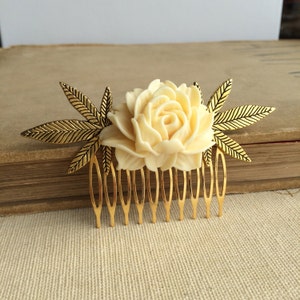 Cannabis Wedding Comb gift for her, weed hair clip, stoner marijuana hair accessory, bridal gold rose ivory cannabis cottagecore image 1