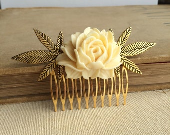 Cannabis Wedding Comb - gift for her, weed hair clip, stoner marijuana hair accessory, bridal gold rose ivory cannabis cottagecore