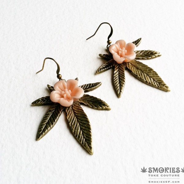 Peach Floral Weed Earring - boho earring weed gift for her cannabis jewelry 420 festival outfit marijuana hippie jewelry stoner girl gift