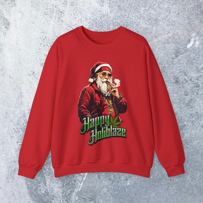 Stoner Sudadera navideña Happy Holiblaze Gansta Santa con Blunt Cannabis Holiday Sweater Funny Weed Sudadera con capucha 420 Stoner Regalo Hip Hop Bling imagen 6