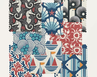 Ocean Motion Nautical Organic Canvas - Sold in 1/2 yard increments  Ocean Swirls, Ocean Fish, Sailboats and Crabs