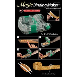 Puede incluir: La herramienta Magic Binding Maker para tela de 5,7 cm de ancho es un dispositivo de plástico transparente con detalles verdes. Incluye una bobina y muestra un proceso de cuatro pasos para crear ribetes de tela con pliegues sin planchar.
