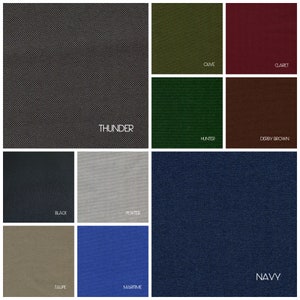 May include: A color chart showing 10 different fabric swatches with their names: Thunder, Olive, Claret, Hunter, Derby Brown, Black, Pewter, Navy, Taupe, and Maritime.