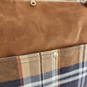Whiskey Brown Waxed Canvas bag with plaid accent fabric