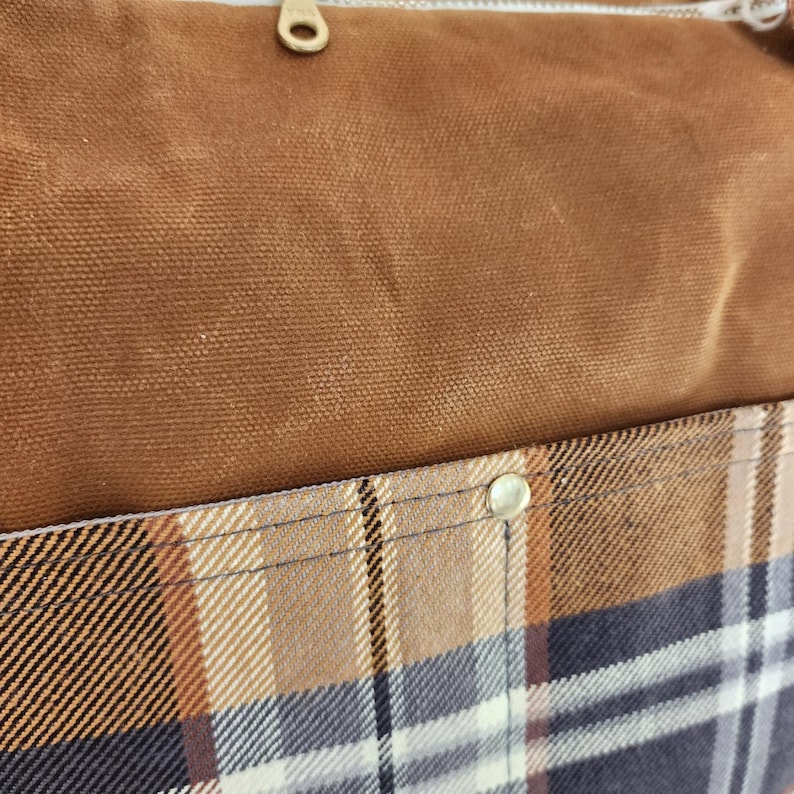Whiskey Brown Waxed Canvas bag with plaid accent fabric
