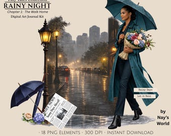 Rainy Night Digital Art Journal Kit PNG, African American Woman, Printable Collage Elements, Mixed Media Ephemera, Tiny Tales Chapter 1