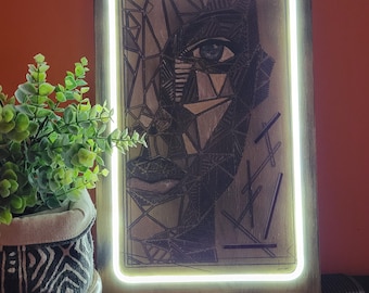 Abstract Woman Face Wall Art - 11x16 Painted Wood Plaque with LED Light - Laser-Scored Wall Art - Modern Wall Art Decor