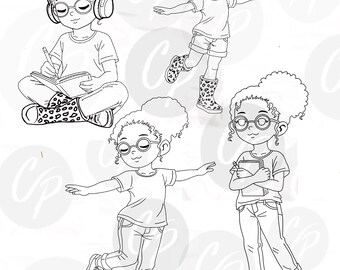 Asha Digital Stamp Bundle | Black Girl Planner Stickers | Line Art  PNG Set | Journaling Clipart | Cricut Download