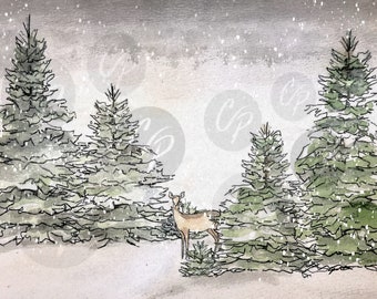 Holiday Digital Stamp, Winter Scene Sketch, Holiday Sketch, Holiday stamp, Deer Digital Stamp,