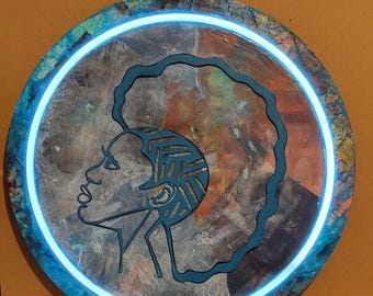 15" Round Wooden Art with LED Light - Abstract Face Wall Hangining -Layered Laser Cut Mixed Media Decor-Mixed media Decor for Home or office