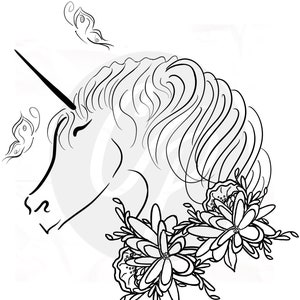 Timbre numérique, Licorne, Licorne avec papillons, Fantaisie, Magique, Papillons
