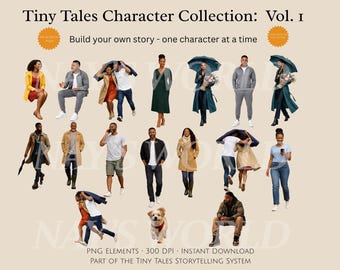Tiny Tales Character Collection Vol. 1 | 17 Mix & Match Characters | Café and Rainy Nights Add-On | Art Journal Ephemera PNG