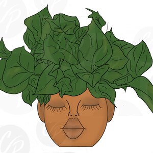 May include: A whimsical illustration of a terracotta-colored face with closed eyes and full lips, topped with a lush arrangement of green leaves. The leaves are stylized, creating a unique plant-like hairstyle.