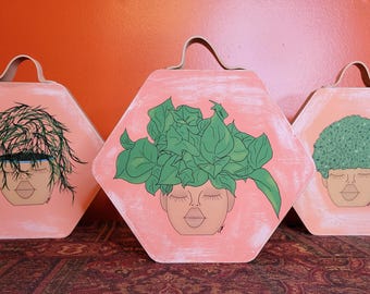Pot Heads, Wall Art,Plant Lady Decor, Funny Shelf Sitters, Indoor Garden Gift, Boho, Afro Boho, Botanical, Boho Botanical