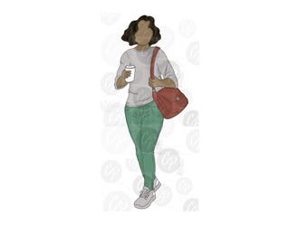 Coffee Girl Digital Stamp, Line Art, Art Journal (PNG JPG Download)