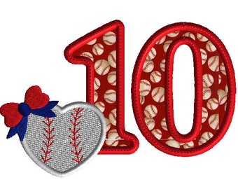 Number 10 with baseball embroidery design, number ten applique, 10th birthday embroidery design, machine embroidery, applique
