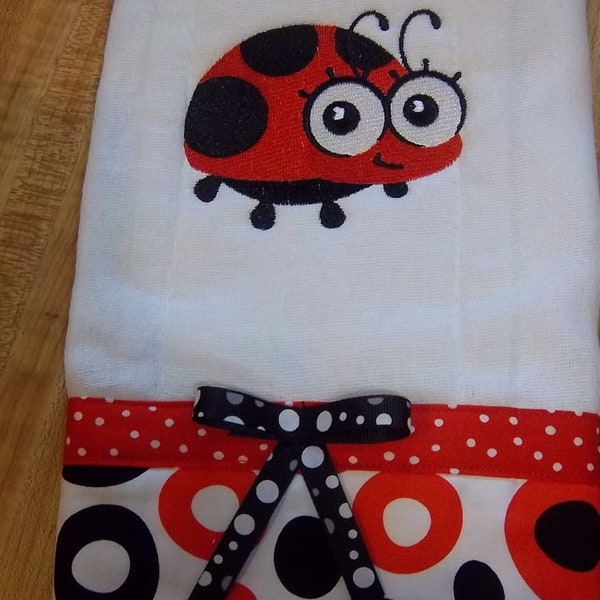 Lady Bug Burp Cloth, Embroidered lady bug and red and black fabric cotton trim.