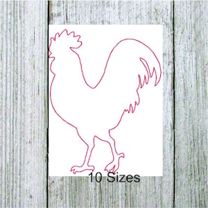 Puede incluir: Un contorno rojo de una silueta de gallo sobre un fondo blanco. El gallo está mirando hacia el lado derecho de la imagen. El texto "10 Sizes" está debajo del gallo.