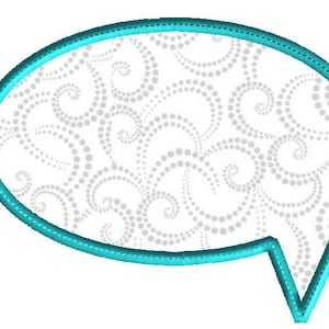 May include: A turquoise blue speech bubble with a white background filled with a pattern of gray swirls.