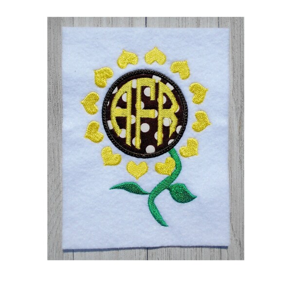 Sunflower Applique, 5 size Embroidery Design for Machine embroidery, Instant Download, monogram frame, no fonts incluided