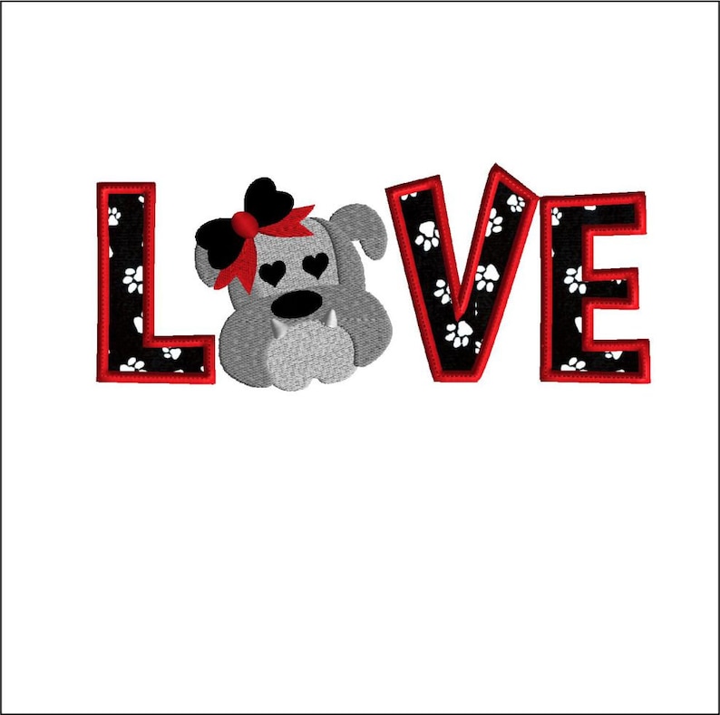 Bulldog Love Embroidery Applique, digital download image 1