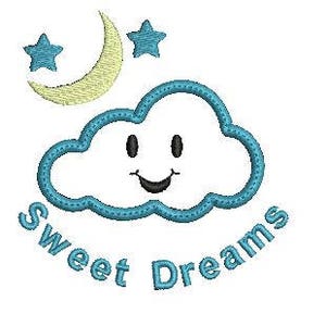 Puede incluir: Una nube azul con una cara sonriente y una luna creciente amarilla con dos estrellas encima. El texto "Sweet Dreams" est&aacute; escrito en un c&iacute;rculo alrededor de la nube.