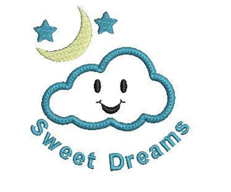 Puede incluir: Una nube azul con una cara sonriente y una luna creciente amarilla con dos estrellas encima. El texto "Sweet Dreams" est&aacute; escrito en un c&iacute;rculo alrededor de la nube.