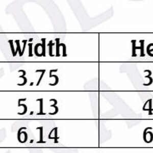 May include: A white table with three rows of data. The table shows the width, height, and stitch count for three different items. The first item is 3.75 inches wide and 3.67 inches high, with a stitch count of 10157.