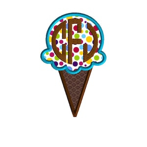 Op de afbeelding: Een geborduurde ijshoorn met een kleurrijk stippenpatroon en een bruin monogram in een cirkel. Het monogram zijn de letters "CFW".