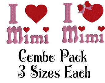 I Love Mimi Embroidery Design Combo, Heart with bow and heart without bow, Each style comes in 3 sizes, Filled Stitch Machine Embroidery