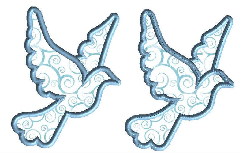 May include: Two blue doves with a white swirl pattern inside. The doves are outlined in blue.