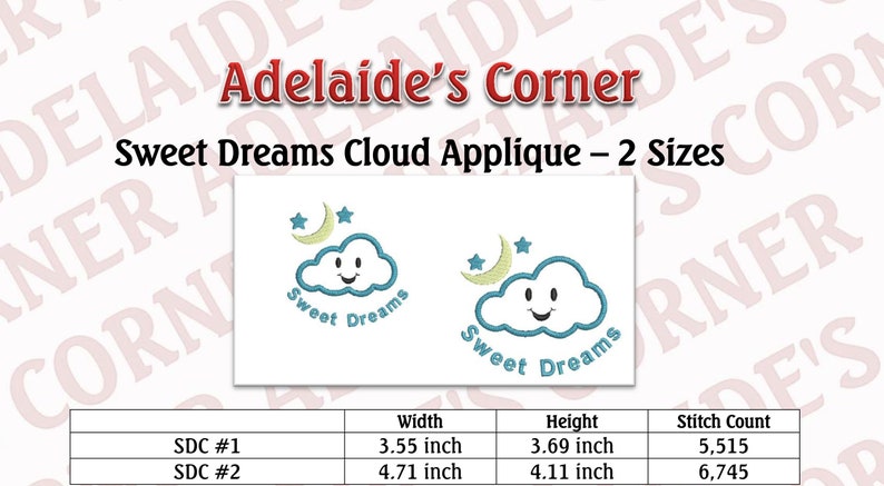 Puede incluir: Dos tama&ntilde;os de un dise&ntilde;o de aplique bordado en azul y blanco de una nube con una cara sonriente, una luna creciente y estrellas. El texto "Sweet Dreams" est&aacute; escrito debajo de la nube. El aplique mide 3,55 pulgadas de ancho y 3,69 pulgadas de alto, o 4,71 pulgadas de ancho y 4,11 pulgadas de alto.