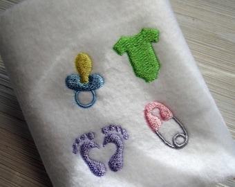 Baby embroidery design, mini baby items ,pacifier, baby feet, safety pin, bodysuit 4 designs, one size each design,