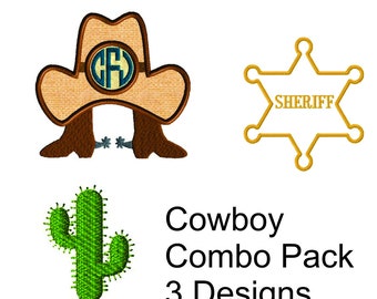 Cowboy Combo Pack, Machine Embroidery Design, Cactus, Filled Stitch, Monogram Frame, Applique, Sheriff Badge, Applique, No Fonts included