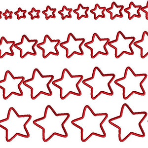 May include: A set of red star-shaped cookie cutters of various sizes. The cutters are arranged in three rows, with the largest cutters at the bottom and the smallest cutters at the top.