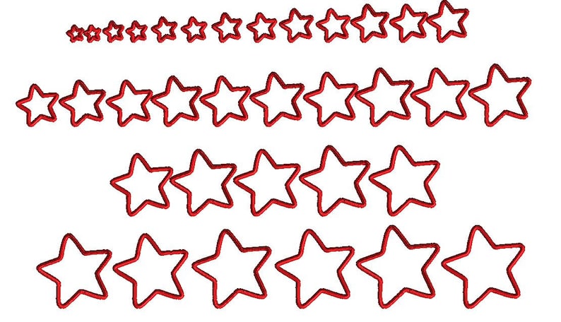 May include: A set of red star-shaped cookie cutters of various sizes. The cutters are arranged in three rows, with the largest cutters at the bottom and the smallest cutters at the top.