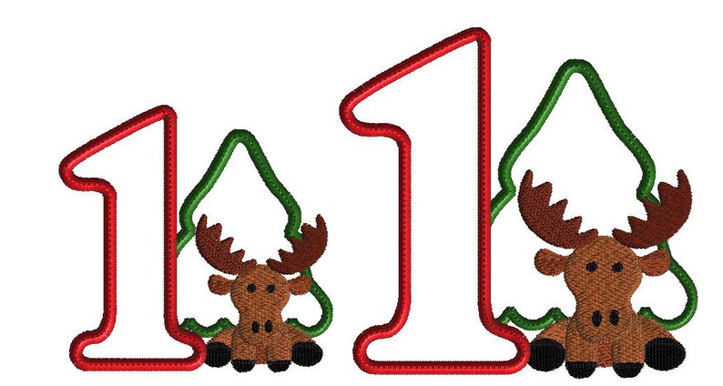 May include: Red number one with a green Christmas tree and a brown moose inside. The moose is sitting in the tree with its legs crossed.