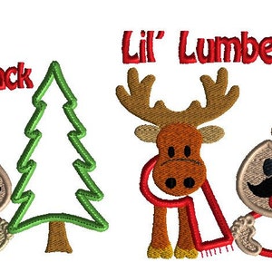 May include: Embroidered design featuring a baby wearing a red and white scarf, a moose wearing a red and white scarf, and a green Christmas tree. The text "Lil' Lumberjack" is written in red above the design.