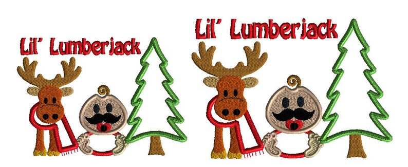 May include: Embroidered design featuring a baby wearing a red and white scarf, a moose wearing a red and white scarf, and a green Christmas tree. The text "Lil' Lumberjack" is written in red above the design.