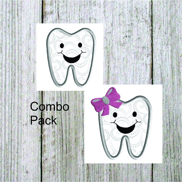 Tooth Applique Combo, Machine Embroidery Design, Each design is 11 sizes, Tooth with bow, tooth without bow,