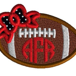 Football Machine Embroidery 10 sizes, football applique with bow, sports design, college sports, high school sports, team sports