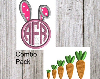 Bunny Ears Monogram Frame and Mini Carrot Combo Embroidery Design, 3 size Bunny Applique, 5 Size mini Filled StitchCarrot, No fonts included